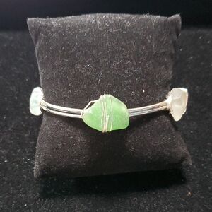 Green Sea Glass Wire-Wrapped Bangle Bracelet - Women Jewelry